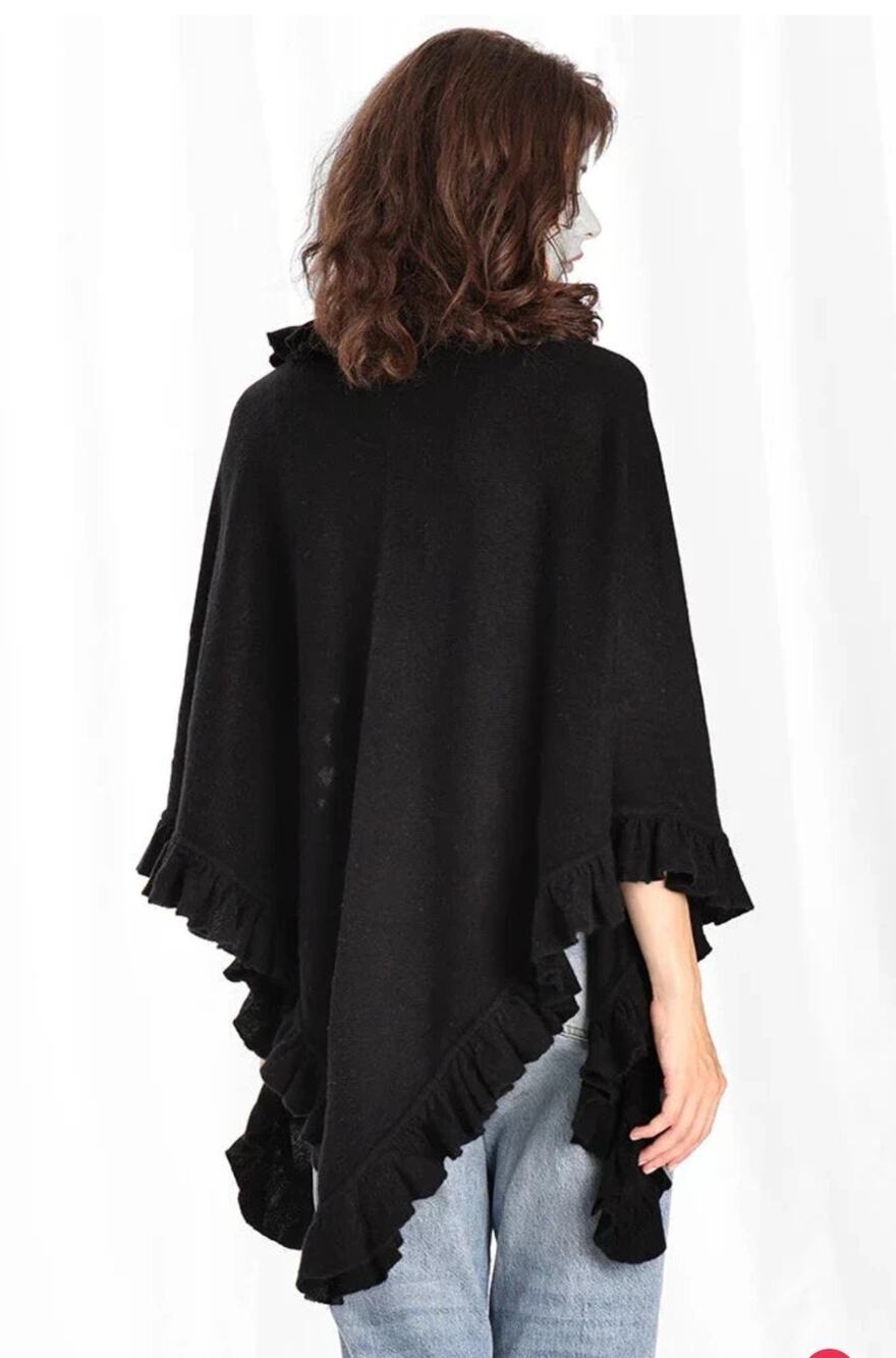 Votre Nom Black Cashmere Large Triangle Ruffle Shawl Wrap Women’s OS 37x53x53"